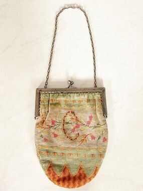 Edwardian Petite Point Purse, 1910s Floral Embroidered Evening Bag